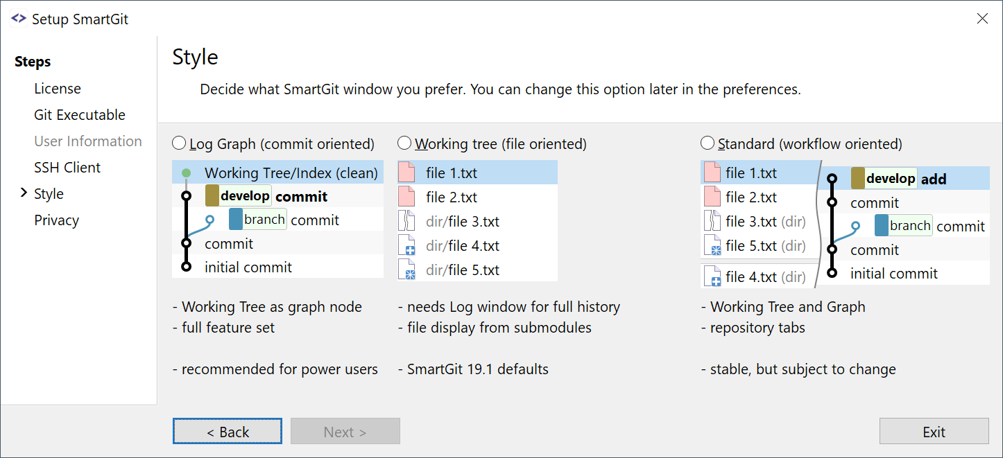 Setup wizard, window selection